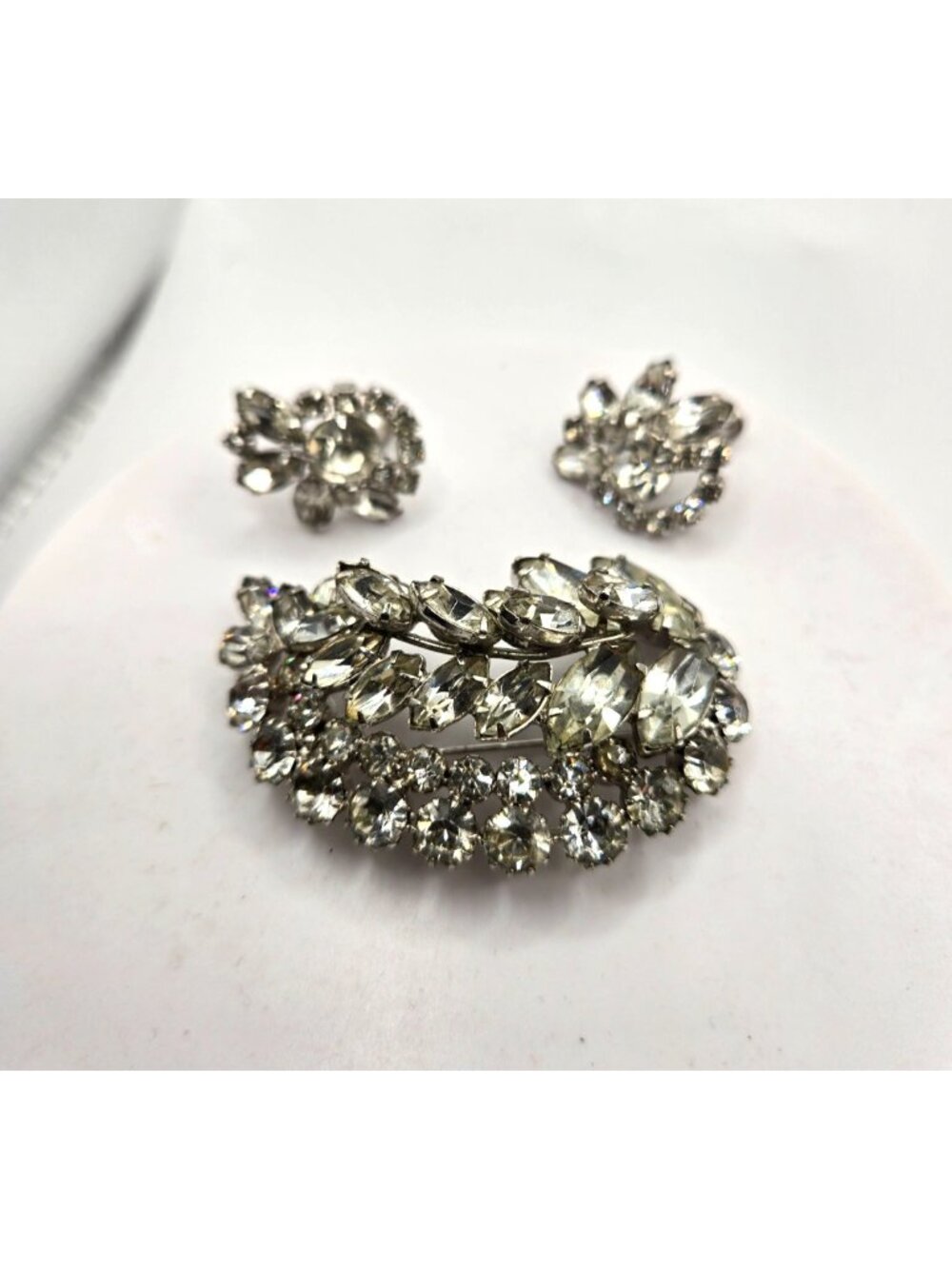 Vintage Continental Rhinestone Brooch Earrings Set Leaf Spray 3” Signed
